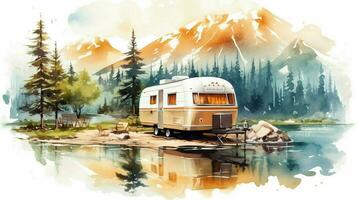 camping in mountain lake with travel trailer wate photo