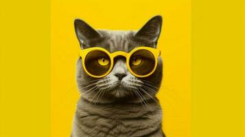 cat wearing glasses with a yellow background photo