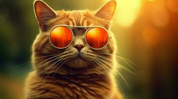 cat wearing orange glasses with the word cat on i photo