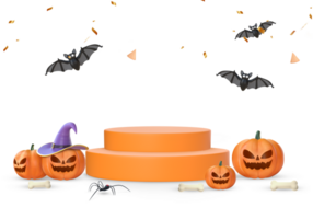 3D Rendering Halloween Podium Stage For Product Placement With Pumpkins, Spider And Bats png