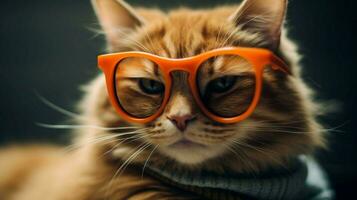 cat wearing orange glasses with the word cat on i photo