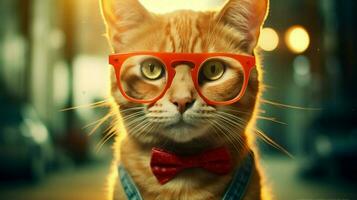 cat wearing orange glasses with the word cat on i photo