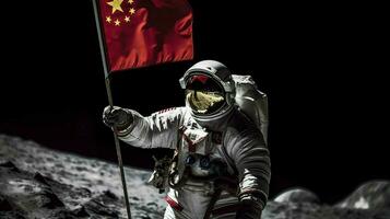 chinese astronaut moon with flag photo