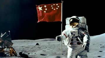 chinese astronaut moon with flag photo