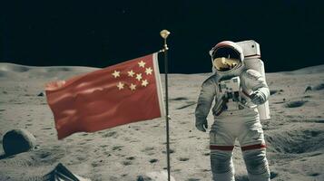 chinese astronaut moon with flag photo