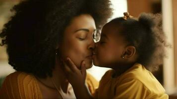 close up of beautiful daughter kissing mother photo