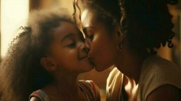 close up of beautiful daughter kissing mother photo