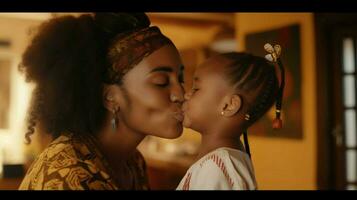 close up of beautiful daughter kissing mother photo