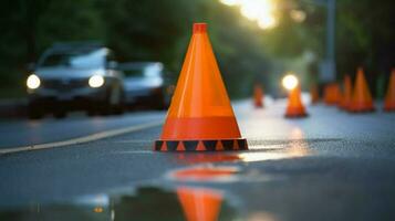 closeup of traffic cone with its reflective strip photo