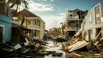 collapsed walls of houses and damaged roofs due photo