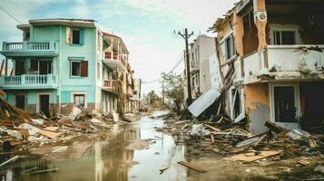 collapsed walls of houses and damaged roofs due photo