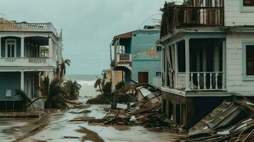 collapsed walls of houses and damaged roofs due photo