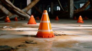 cone on the floor in the middle of construction photo