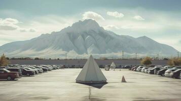 conefilled parking lot with view of majestic moun photo