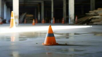 cone on the floor in the middle of construction photo