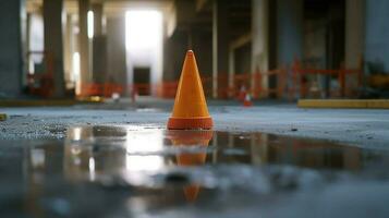 cono en el piso en el medio de construcción foto