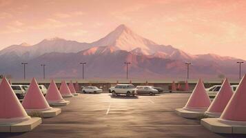 conefilled parking lot with view of majestic moun photo