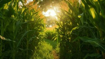 corn field with the sun shining through the leave photo