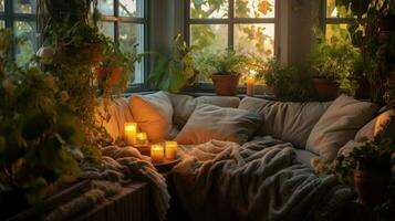 cozy nook with plush pillows and soft blankets photo