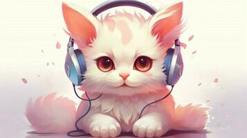 linda kawaii gato con auriculares foto