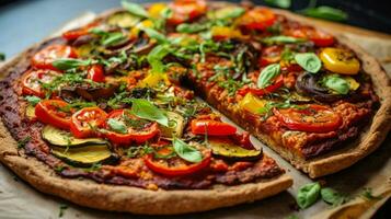 delicioso vegano Pizza con Fresco verduras hierba foto