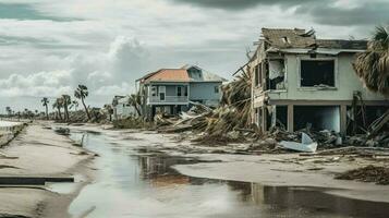 destruction and ruin of devastated houses on land photo