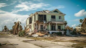 destruction and ruin of devastated houses on land photo