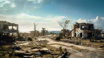 destrucción y ruina de devastado casas en tierra foto