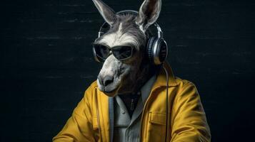 Burro en un chaqueta con auriculares foto