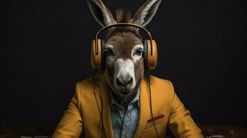 donkey in a jacket with headphones photo