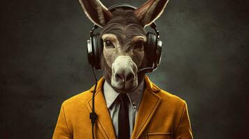 donkey in a jacket with headphones photo