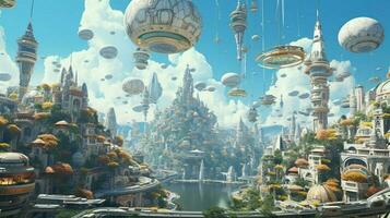 dreamlike scene of futuristic city with floating photo