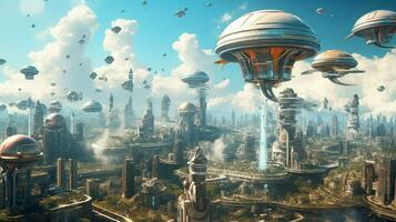 dreamlike scene of futuristic city with floating photo