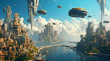 dreamlike scene of futuristic city with floating photo
