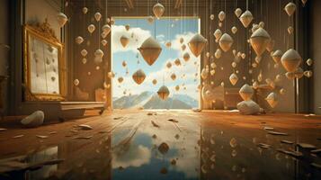 dreamlike scene with flying objects floating photo