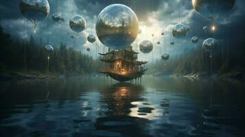 dreamlike scene with flying objects floating photo