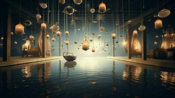dreamlike scene with flying objects floating photo