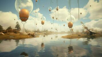 dreamlike scene with flying objects floating photo