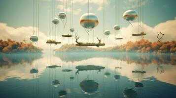 dreamlike scene with flying objects floating photo