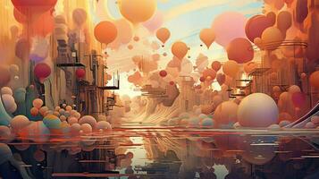 dreamlike scene with floating shapes and colors photo