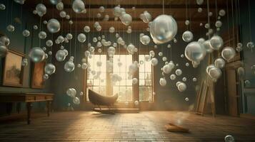 dreamlike scene with flying objects floating photo