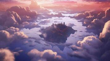 dreamlike setting with floating clouds and purple photo