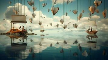 dreamlike scene with flying objects floating photo