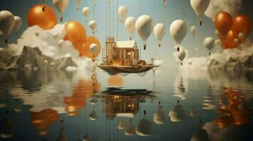 dreamlike scene with flying objects floating photo