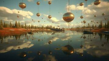 dreamlike scene with flying objects floating photo