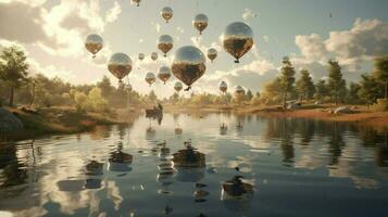 dreamlike scene with flying objects floating photo