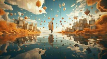 dreamlike scene with flying objects floating photo