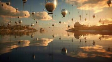 dreamlike scene with flying objects floating photo