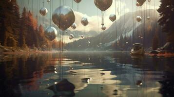 dreamlike scene with flying objects floating photo