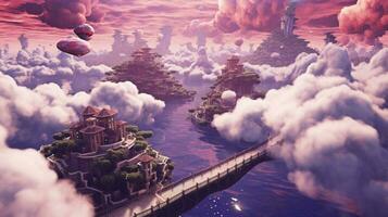 dreamlike setting with floating clouds and purple photo